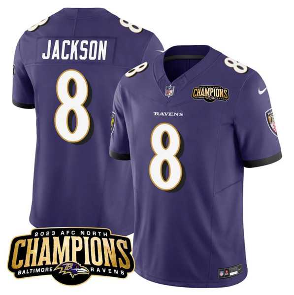 Men & Women & Youth Baltimore Ravens #8 Lamar Jackson Purple 2023 F.U.S.E. AFC North Champions Vapor Limited Jersey